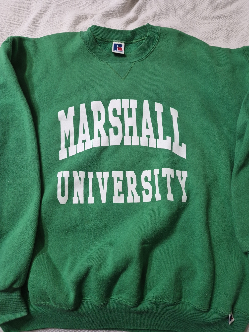 Russell Athletic Green Crewneck with White Marshall University Lettering